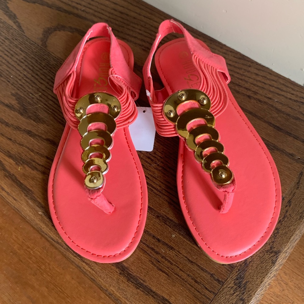 Coral/pink sandals with gold embellishments